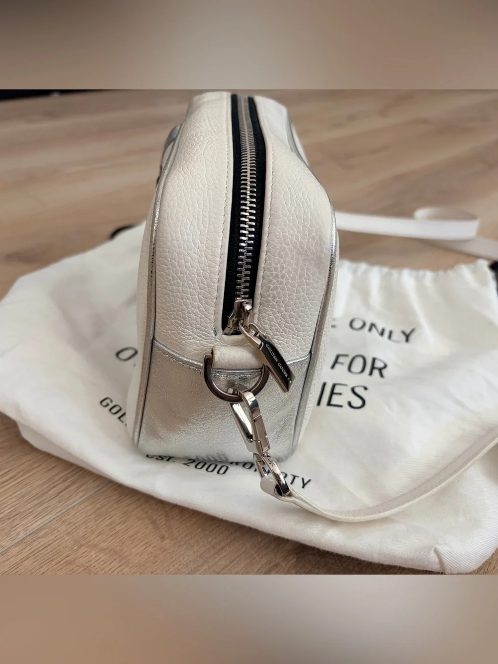 Golden Goose White Leather Crossbody with Black Star and Silver Trim